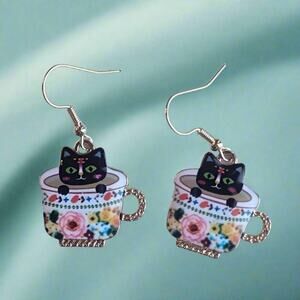 Black Cat Teacup Earrings | Garden Party Floral Handmade Earrings Gift